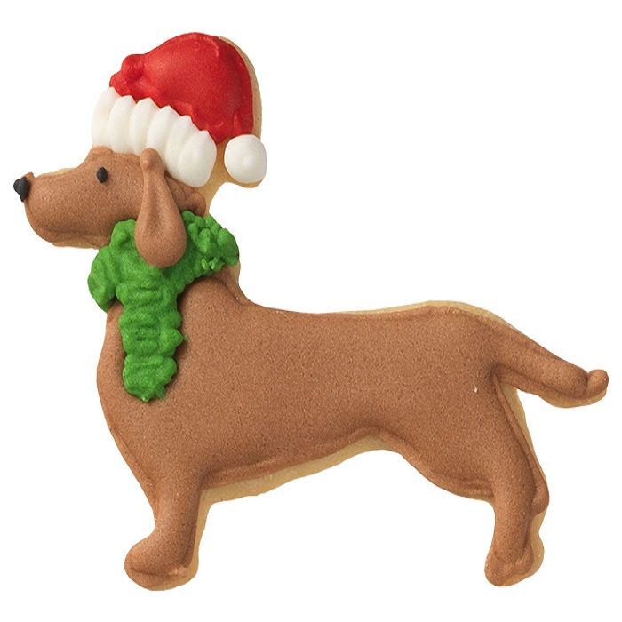 Tagliabiscotti Bassotto di Natale, con goffratura interna, in acciaio inox 7 cm, lavabile in lavastoviglie. Hai mai decorato il tuo albero di Natale con i tagliabiscotti? No? È giunto il momento! Attacca un nastro decorativo al tagliabiscotti e appendi le forme all'albero. In negozio e online su tuttochic.live