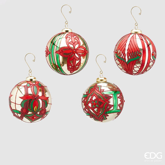 Decoro palla in vetro oro con decoro verde/rosso per albero di Natale. Dimensioni: ø cm 10. In negozio e online su tuttochic.live