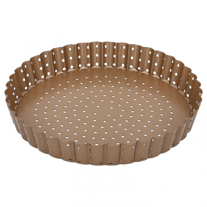 Teglia tonda per Quiche e Crostata cm 30 in acciaio al carbonio forato per una migliore circolazione dell'aria con rivestimento antiaderente facile da pulire Ø 30 cm Altezza 3 cm Che siano salate o dolci, torte salate e crostate vengono particolarmente bene con questi stampi forati. In negozio e online su tuttochic.live