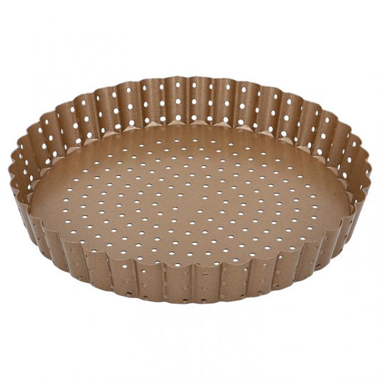 Teglia tonda per Quiche e Crostata cm 25 in acciaio al carbonio forato per una migliore circolazione dell'aria con rivestimento antiaderente facile da pulire Ø 25 cm Altezza 3 cm Che siano salate o dolci, torte salate e crostate vengono particolarmente bene con questi stampi forati. In negozio e online su tuttochic.live