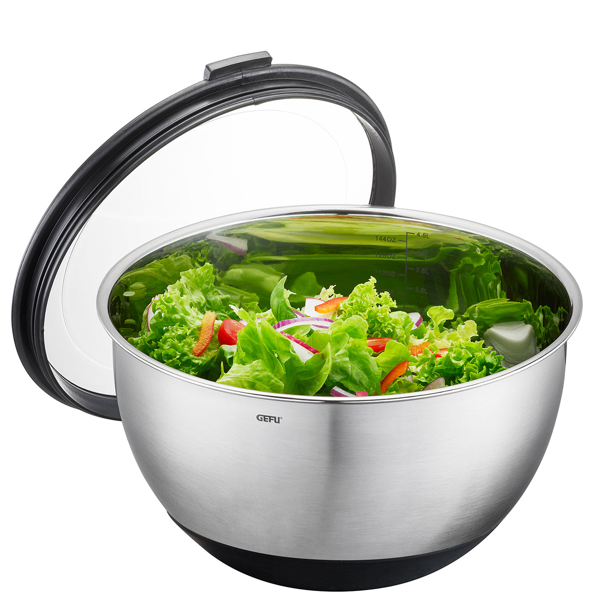 Ciotola in acciaio inox per preparare, servire e conservare con coperchio a tenuta d'aria. Volume di riempimento: 4,5, supporto antiscivolo grazie alla base in silicone dimensioni Ø 27,0 cm, H 15,0 cm acciaio inossidabile / plastica di alta qualità lavabile in lavastoviglie. In negozio e online su tuttochic.live