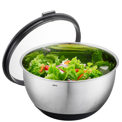Ciotola in acciaio inox per preparare, servire e conservare con coperchio a tenuta d'aria. Volume di riempimento: 4,5, supporto antiscivolo grazie alla base in silicone dimensioni Ø 27,0 cm, H 15,0 cm acciaio inossidabile / plastica di alta qualità lavabile in lavastoviglie. In negozio e online su tuttochic.live