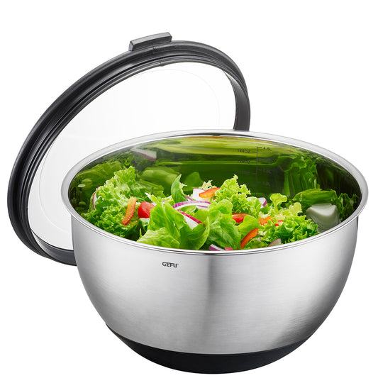 Ciotola in acciaio inox per preparare, servire e conservare con coperchio a tenuta d'aria. Volume di riempimento: 4,5, supporto antiscivolo grazie alla base in silicone dimensioni Ø 27,0 cm, H 15,0 cm acciaio inossidabile / plastica di alta qualità lavabile in lavastoviglie. In negozio e online su tuttochic.live
