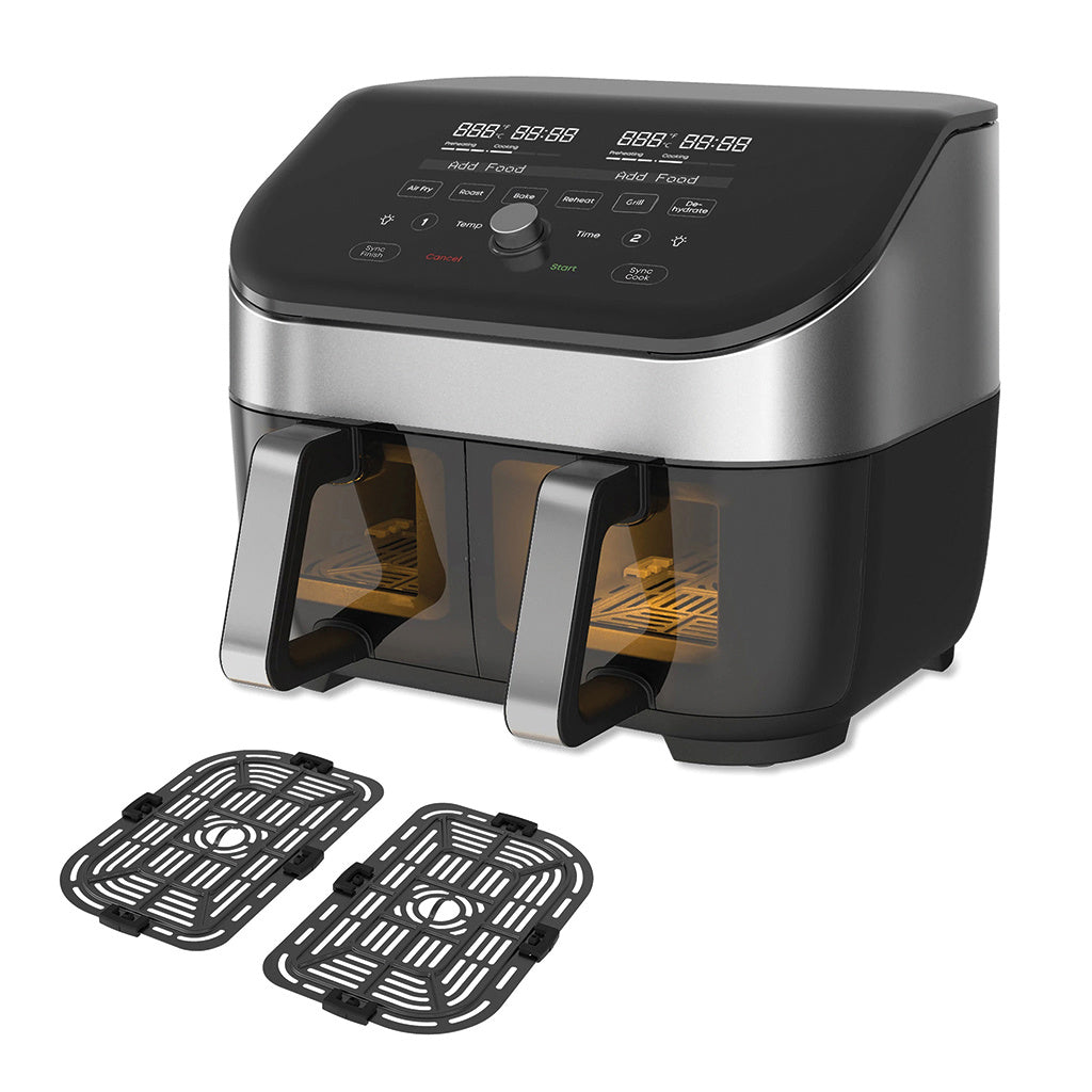 Friggitrice ad aria multifunzione con due cestelli in grado di: friggere, cuocere, arrostire, riscaldare, disidratare e grigliare. Uno strumento versatile per una cucina sana, con poche calorie e con il 95% di olio in meno. Cucina fino a 8 porzioni  è perfetta per famiglie numerose. In negozio e online su tuttochic.live
