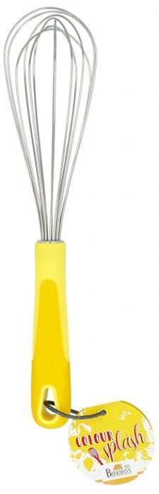 La frusta ha una testa in acciaio inossidabile di alta qualità e un manico in plastica colorata .È lunga 27 cm, larga 6,5 cm e brilla come pratico aiuto per cucinare e cuocere. In negozio e online su tuttochic.live