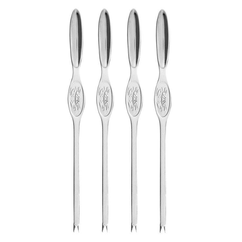 Set 4 forchette per aragoste in acciaio inox. Ideale per estrarre la polpa dai crostacei grazie alla parte terminale a due punte. Fornite di un sacchetto in lino per contenerle. Dimensioni: cm 20 x 2. In negozio e online su tuttochic.live