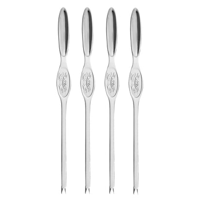 Set 4 forchette per aragoste in acciaio inox. Ideale per estrarre la polpa dai crostacei grazie alla parte terminale a due punte. Fornite di un sacchetto in lino per contenerle. Dimensioni: cm 20 x 2. In negozio e online su tuttochic.live