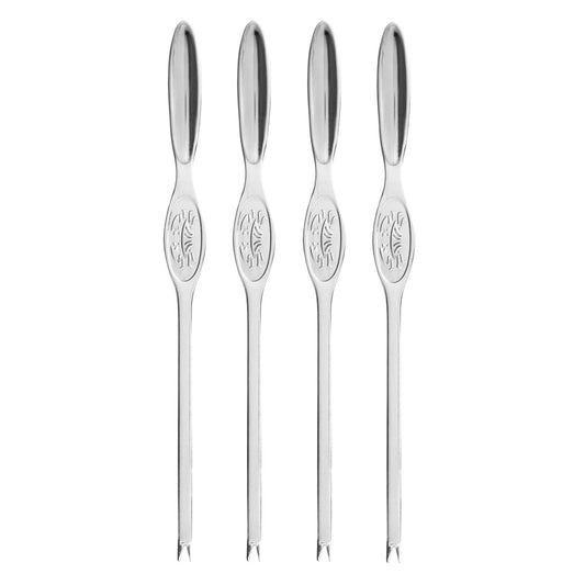 Set 4 forchette per aragoste in acciaio inox. Ideale per estrarre la polpa dai crostacei grazie alla parte terminale a due punte. Fornite di un sacchetto in lino per contenerle. Dimensioni: cm 20 x 2. In negozio e online su tuttochic.live