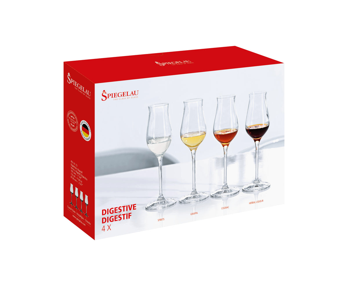 Set di 4 calici per digestivi (Spirits, Grappa, Cognac, Herbal Liqueur) in vetro cristallino. Dimensioni: mm 58 x 197 h - Capacità: 135 ml Lavabile in lavastoviglie. In negozio e online su tuttochic.live