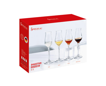 Set di 4 calici per digestivi (Spirits, Grappa, Cognac, Herbal Liqueur) in vetro cristallino. Dimensioni: mm 58 x 197 h - Capacità: 135 ml Lavabile in lavastoviglie. In negozio e online su tuttochic.live