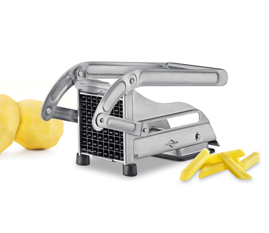 Tagliapatate a bastoncino in acciaio inossidabile resistente alla ruggine è robusto e sta saldamente su piedini antiscivolo. Taglia in un solo movimento, spingendo il manico in giù 2 misure di taglio: 8 mm e 11 mm. Dimensioni: 26 x 10 x 12 cm.  in negozio e online su tuttochic.live