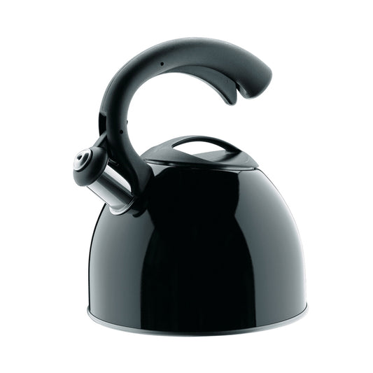 Bollitore in acciaio di colore nero con fondo adatto anche per piani cottura ad induzione (dipende dal diametro minimo del piano cottura). Con manico termoisolante e fischio armonioso. Capacità massima per fare bollire l'acqua: 1,8 lt. Dimensioni cm 19,5 x 25. In negozio e online su tuttochic.live