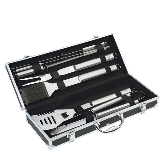 Set da barbecue in valigetta di alluminio.  La valigetta contiene:  1 Forchetta da 42 cm 1 Paletta da 13 cm 1 Pinza da 40 cm 1 Spazzola da 43 cm 4 Spiedini da 41 cm