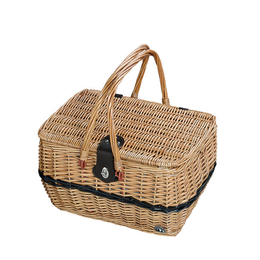 Intrecciato in vimini con fodera interna. Le cinghie interne ed esterne sono realizzate in similpelle. Dotato di un grande scompartimento termico. Contenuto: 4 coltelli, 4 forchette, 4 cucchiai, 4 bicchieri in vetro e 4 piatti in porcellana. Dimensioni: cm 40 x 28 x 25 h, 3,74 kg. In negozio e online su tuttochic.live