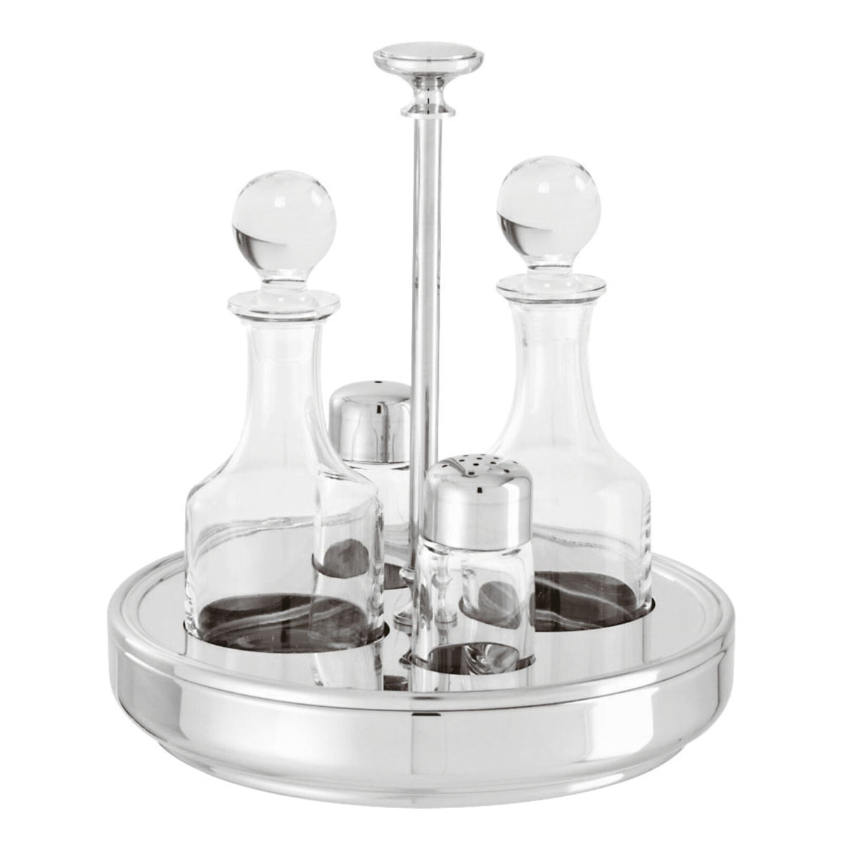 Set olio, aceto, sale e pepe con cestello rotondo in acciaio argentato e cristallo della collezione Elite di Sambonet. Provvedere ad una lucidatura con l’ausilio di specifici prodotti per l'argento. Dimensioni: Altezza: 20,50 cm Diametro: 19,00 cm Peso dell'articolo: 1,56 kg. In negozio e online su tuttochic.live