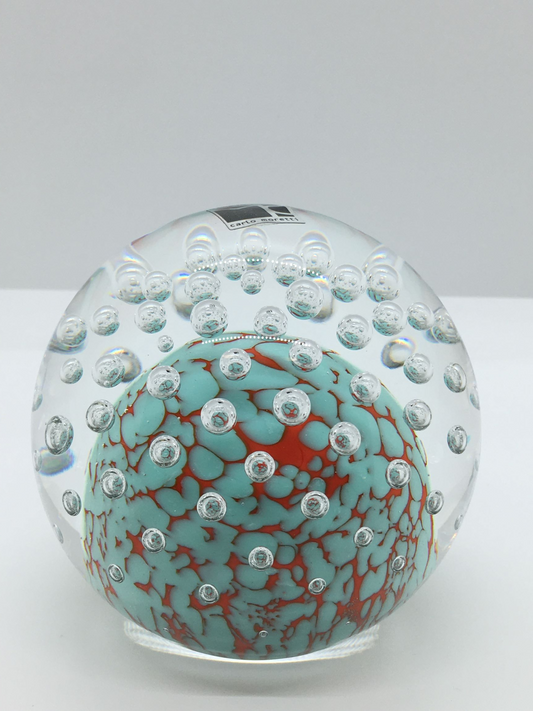 Boccia fermacarte Carlo Moretti in vetro di Murano con murrine turchesi e rosse