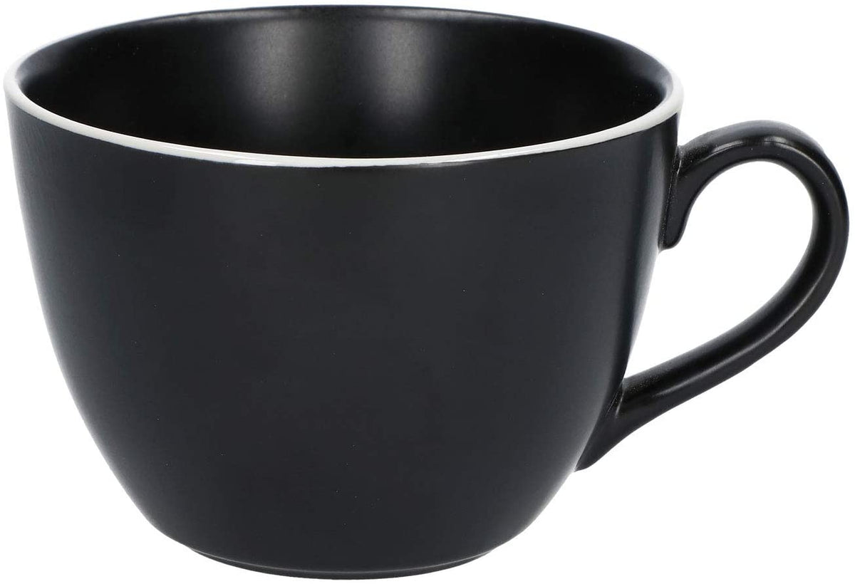 Tazza colazione in porcellana di colore nero opaco e bordo bianco. Capacità: 450 cc Diametro: 12 cm x 8,5 h. In negozio e online su tuttochic.live
