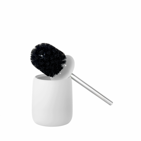 Portascopino e scopino per WC in ceramica opaca bianca con manico in acciaio inox lucido collezione SONO di Blomus.