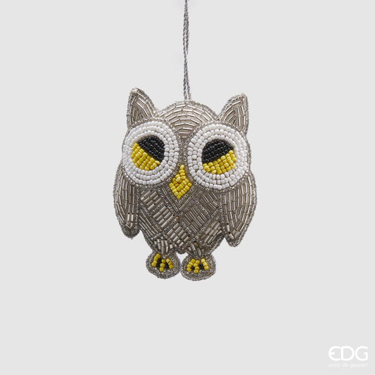 Decoro Gufo in tessuto con perline di colore bianco e argento. Dimensioni: cm 8 x h 9. In negozio e online su tuttochic.live