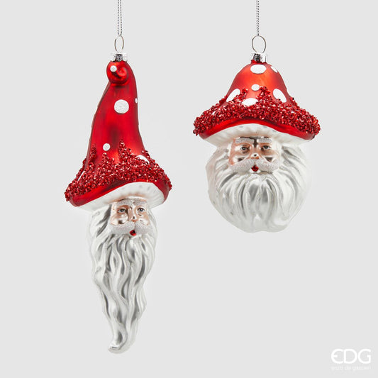 Decoro per albero di Natale, testa Babbo Fungo in vetro decorato. Dimensioni: barba corta 12 x 8 cm, barba lunga 7 x 20 cm. In negozio e online su tuttochic.live