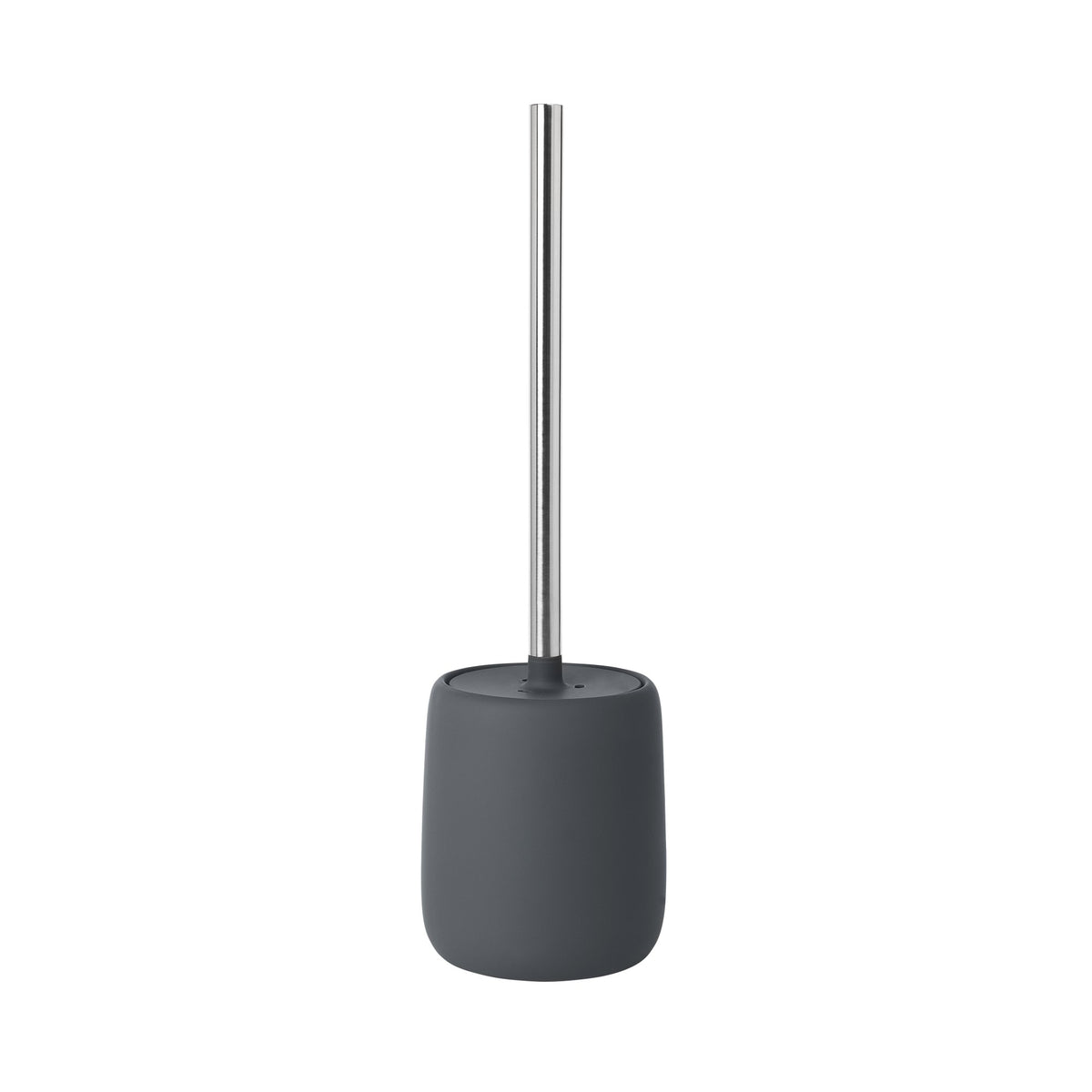 Portascopino e scopino per WC in ceramica opaca grigio scuro magnet con manico in acciaio inox lucido collezione SONO di Blomus.