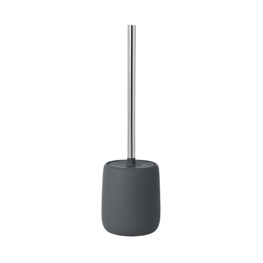 Portascopino e scopino per WC in ceramica opaca grigio scuro magnet con manico in acciaio inox lucido collezione SONO di Blomus.