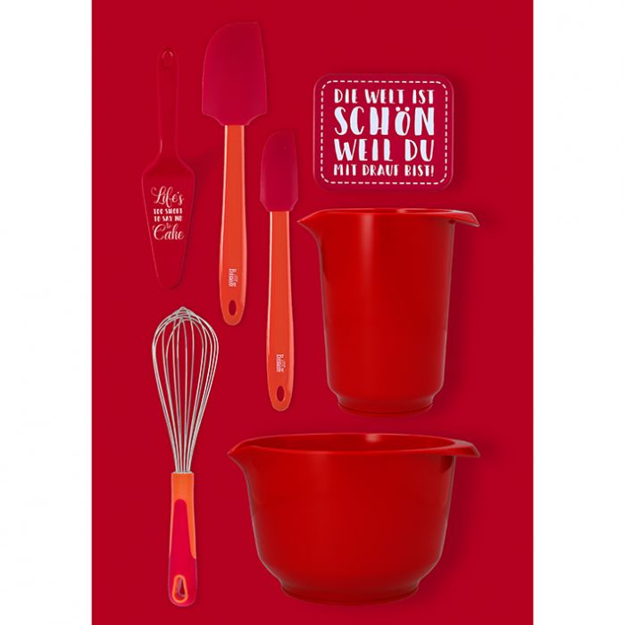 Ciotola per mescolare e servire: capacità 1 litri, Ø: 18,2 cm, altezza: 10,7 cm, in resina melamminica rossa senza BPA, durevole e antigraffio, sostenibile, stabile grazie alla base antiscivolo, maneggevolezza grazie al gocciolatoio-beccuccio e presa sicura, piacevole al tatto. In negozio e online su tuttochic.live