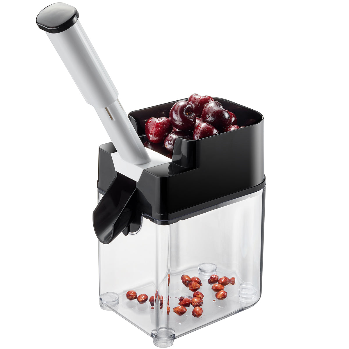 Con questa denocciolatrice le ciliegie possono essere convertite in frutta senza semi in pochissimo tempo . Facile da usare: riempire la ciotola superiore con le ciliegie e premere il punzone. I chicchi cadono nel contenitore di raccolta, il frutto scivola lateralmente. In negozio e online su tuttochic.live