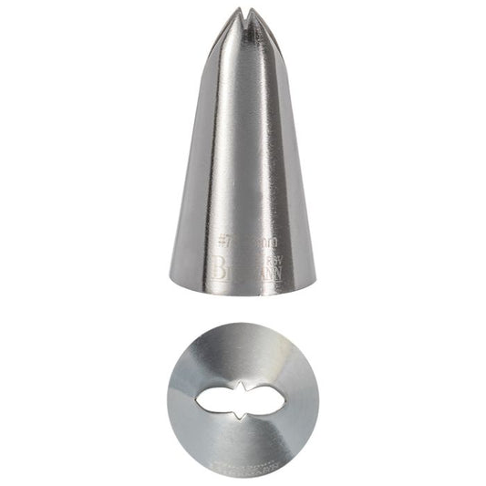 Bocchetta N. 70 a foglia per sac a poche realizzato in un unico pezzo in acciaio inox, ideale per creare decorazioni artistiche su cupcake, crostate e pasticcini. Dimensioni: 2,4 x 2,4 x 4,4 cm, foro di uscita Ø 13 mm. In negozio e online su tuttochic.live