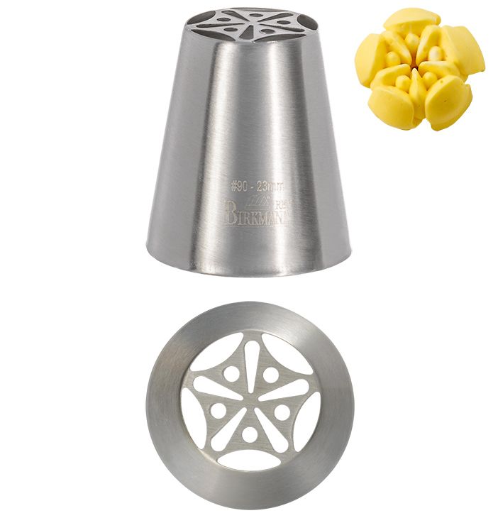 Bocchetta N. 90 a fiore per sac a poche realizzato in un unico pezzo in acciaio inox, ideale per creare decorazioni artistiche su cupcake, crostate e pasticcini. Dimensioni: 3,0 x 3,0 x 4,0 cm, foro di uscita Ø 23 mm. In negozio e online su tuttochic.live