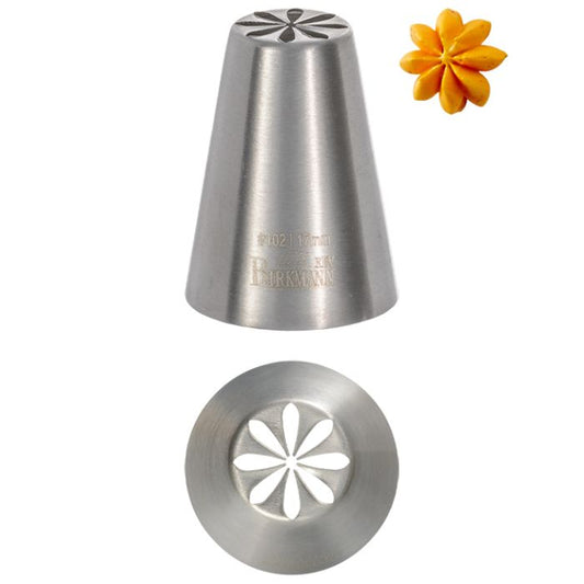 Bocchetta N. 102 di design per sac a poche realizzato in un unico pezzo in acciaio inox, ideale per creare decorazioni artistiche su cupcake, crostate e pasticcini. Dimensioni: 3,0 x 3,0 x 4,1 cm, foro di uscita Ø 17 mm. In negozio e online su tuttochic.live