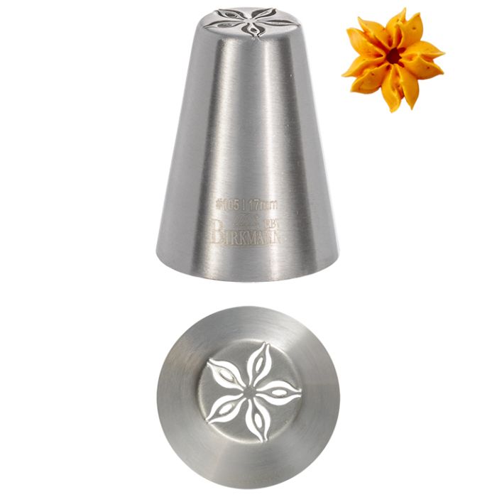 Bocchetta N. 105 di design per sac a poche realizzato in un unico pezzo in acciaio inox, ideale per creare decorazioni artistiche su cupcake, crostate e pasticcini. Dimensioni: 3,0 x 3,0 x 4,1 cm, foro di uscita Ø 17 mm. In negozio e online su tuttochic.live