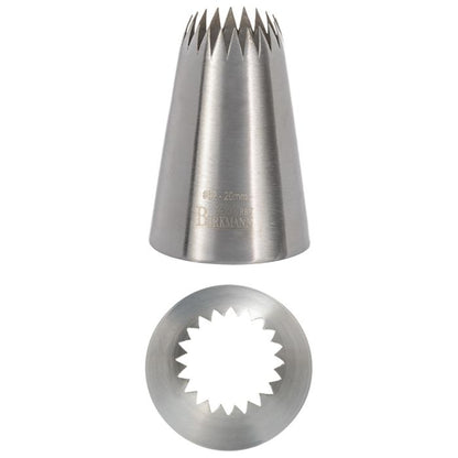 Bocchetta N. 62 a stella francese per sac a poche realizzato in un unico pezzo in acciaio inox, ideale per creare decorazioni artistiche su cupcake, crostate e pasticcini. Dimensioni: 3,5x3,5x5,3 cm, foro di uscita Ø 20 mm. In negozio e online su tuttochic.live