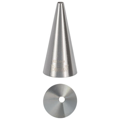 Bocchetta N. 21 a foro tondo per sac a poche realizzato in un unico pezzo in acciaio inox, ideale per creare decorazioni artistiche su cupcake, crostate e pasticcini. Dimensioni: 2,4 x 2,4 x 5,1, foro di uscita Ø 4 mm. In negozio e online su tuttochic.live