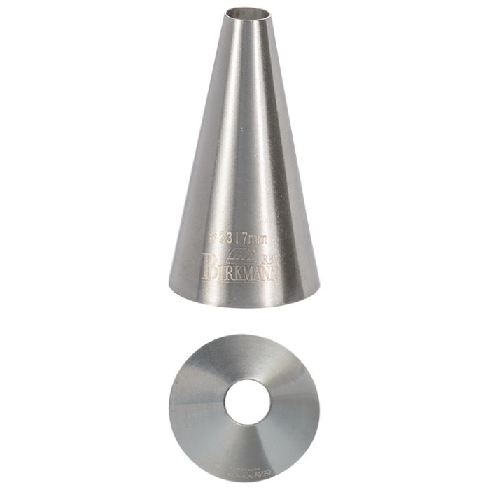 Bocchetta N. 23 a foro tondo per sac a poche realizzato in un unico pezzo in acciaio inox, ideale per creare decorazioni artistiche su cupcake, crostate e pasticcini. Dimensioni: 2,5x2,5x4,5 cm, foro di uscita Ø 7 mm. In negozio e online su tuttochic.live