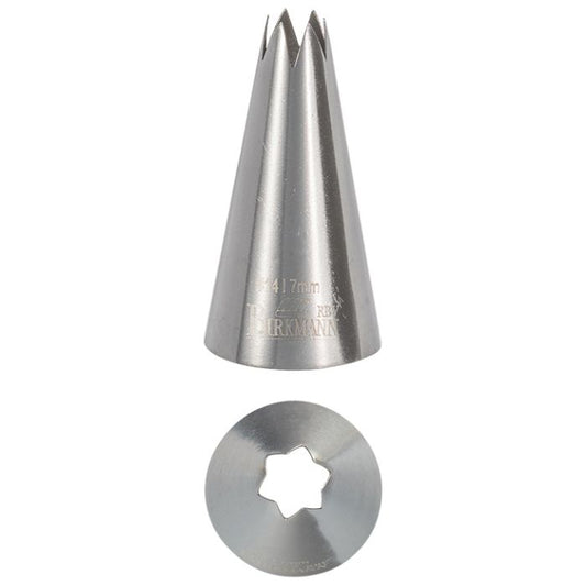 Bocchetta N. 14 a stella per sac a poche realizzato in un unico pezzo in acciaio inox, ideale per creare decorazioni artistiche su cupcake, crostate e pasticcini. Dimensioni: 2,4 x 2,4 x 4,7 cm, Ø 11 mm. In negozio e online su tuttochic.live