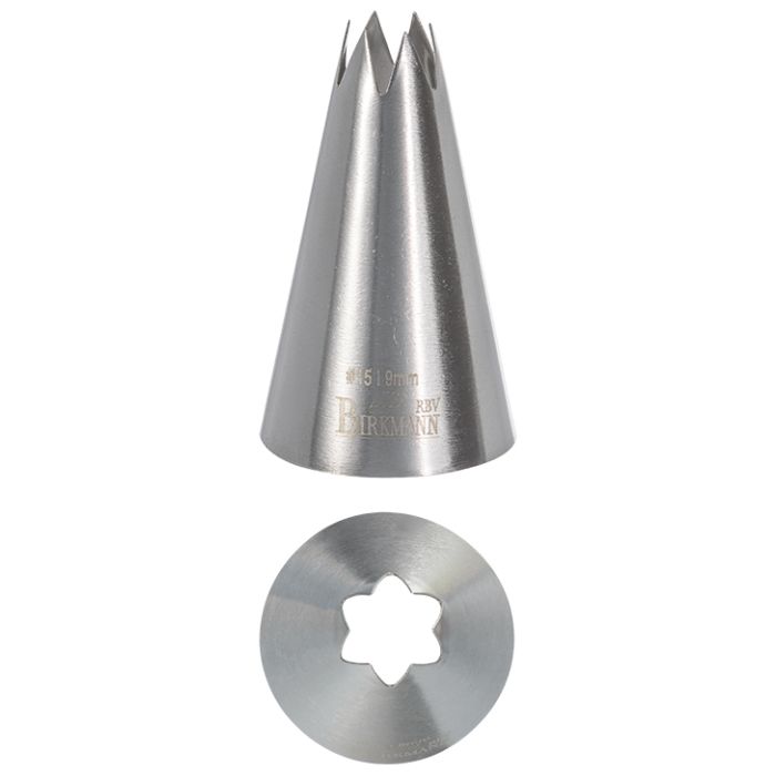 Bocchetta N. 15 a stella per sac a poche realizzato in un unico pezzo in acciaio inox, ideale per creare decorazioni artistiche su cupcake, crostate e pasticcini. Dimensioni: 2,4 x 2,4 x 4,9 cm, Ø 11 mm. In negozio e online su tuttochic.live