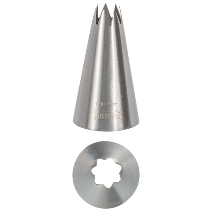 Bocchetta N. 16 a stella per sac a poche in acciaio inox, realizzato in un unico pezzo. Dimensioni: 2,4 x 2,4 x 4,4 cm, Ø 11 mm. In negozio e online su tuttochic.live