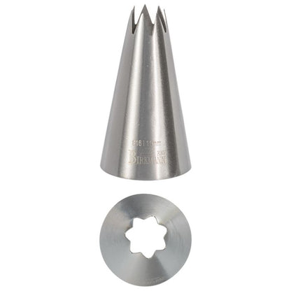 Bocchetta N. 16 a stella per sac a poche in acciaio inox, realizzato in un unico pezzo. Dimensioni: 2,4 x 2,4 x 4,4 cm, Ø 11 mm. In negozio e online su tuttochic.live