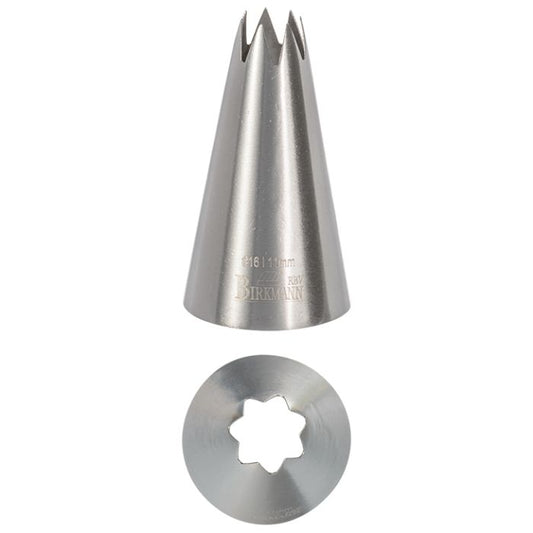 Bocchetta N. 16 a stella per sac a poche in acciaio inox, realizzato in un unico pezzo. Dimensioni: 2,4 x 2,4 x 4,4 cm, Ø 11 mm. In negozio e online su tuttochic.live