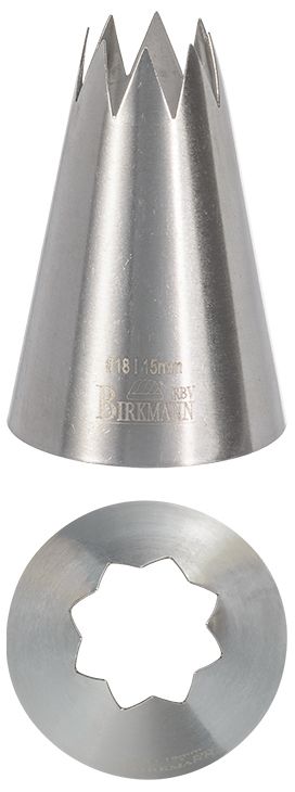 Bocchetta N. 18 a stella per sac a poche realizzato in un unico pezzo in acciaio inox, ideale per creare decorazioni artistiche su cupcake, crostate e pasticcini. Dimensioni: 3,0 x 3,0 x 5,0 cm, Ø 15 mm. In negozio e online su tuttochic.live