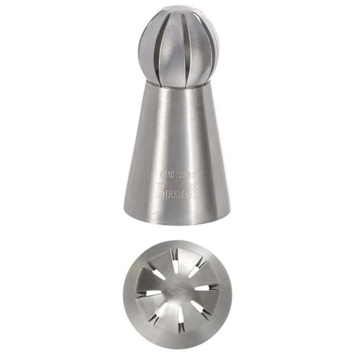 Bocchetta N. 110 con ghirigori liscia per sac a poche realizzato in un unico pezzo in acciaio inox, ideale per creare decorazioni artistiche su cupcake, crostate e pasticcini. Dimensioni: 3,0 x 3,0 x 6,1 cm, foro di uscita Ø 25 mm. In negozio e online su tuttochic.live