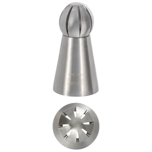 Bocchetta N. 110 con ghirigori liscia per sac a poche realizzato in un unico pezzo in acciaio inox, ideale per creare decorazioni artistiche su cupcake, crostate e pasticcini. Dimensioni: 3,0 x 3,0 x 6,1 cm, foro di uscita Ø 25 mm. In negozio e online su tuttochic.live