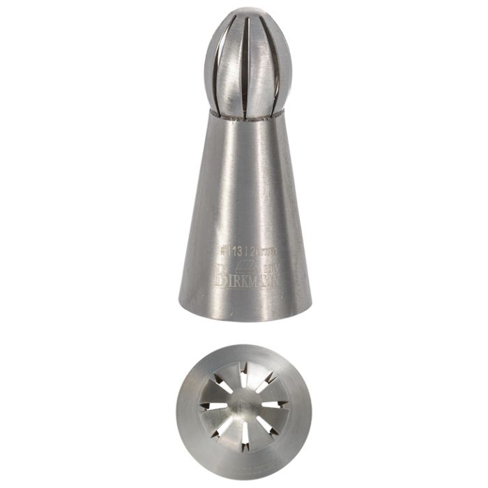 Bocchetta N. 113 con ghirigori liscia per sac a poche realizzato in un unico pezzo in acciaio inox, ideale per creare decorazioni artistiche su cupcake, crostate e pasticcini. Dimensioni: 2,5 x 2,5 x 5,6 cm, foro di uscita Ø 20 mm. In negozio e online su tuttochic.live