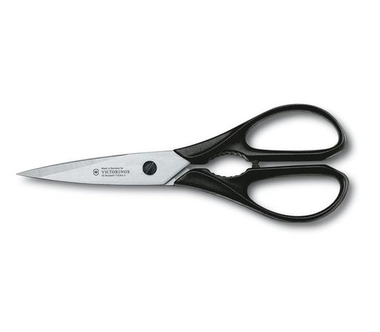 Forbici da cucina con microdentellatura. Lame in acciaio inossidabile e manici sintetici indistruttibili. Lo strumento perfetto per aprire barattoli con tappo a vite e per rompere le noci con destrezza Dimensioni: cm 20 x 9,5 x 1,5. In negozio e online su tuttochic.live