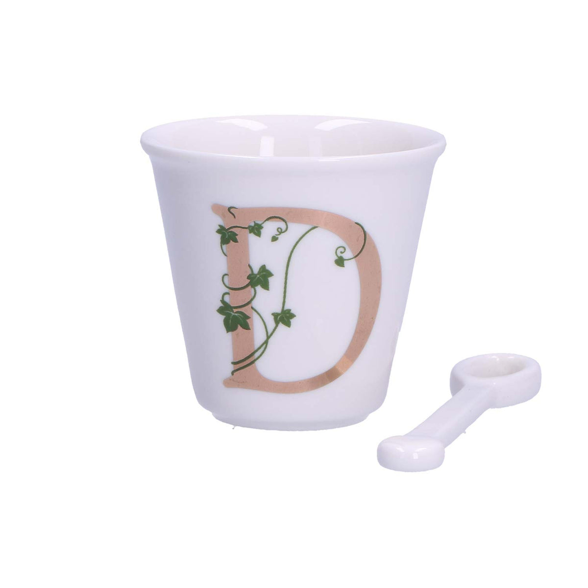 "Unico" Bicchierino in porcellana con iniziale decorata e cucchiaino. Capacità 75 cc Dimensioni: diametro cm 6,7- altezza cm 6 Lavare a mano 