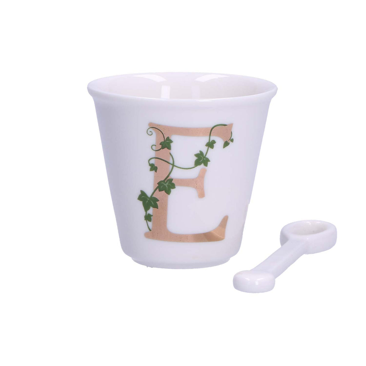 "Unico" Bicchierino in porcellana con iniziale decorata e cucchiaino. Capacità 75 cc Dimensioni: diametro cm 6,7- altezza cm 6 Lavare a mano 