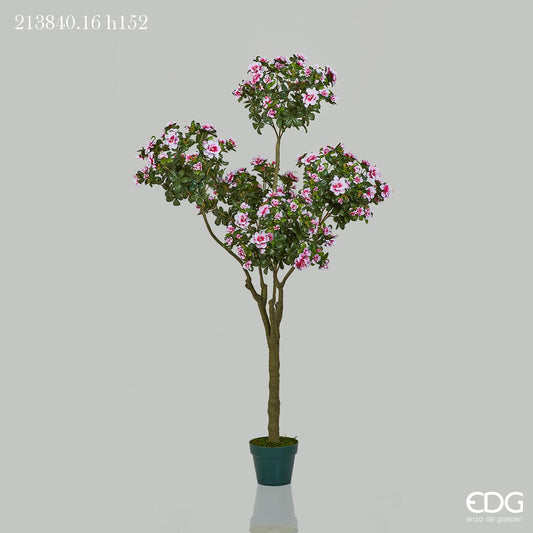 Pianta di azalea artificiale ad alberello alta 152 cm con fiori rosa e bianchi e vaso in PVC di EDG Enzo De Gasperi.