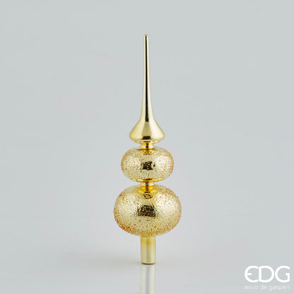 Grande puntale per albero di Natale in vetro soffiato color oro lucido, altezza 35 cm, caratterizzato da lancia liscia e due sfere sovrapposte con texture a rilievo effetto diamantato, brand EDG.