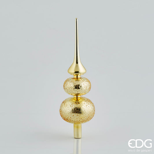 Grande puntale per albero di Natale in vetro soffiato color oro lucido, altezza 35 cm, caratterizzato da lancia liscia e due sfere sovrapposte con texture a rilievo effetto diamantato, brand EDG.
